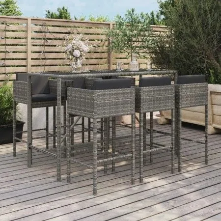 Garden table and high stools and cushions 7 pieces gray PE rattan by vidaXL, Garden sets - Ref: Foro24-3200653, Price: 584,41...