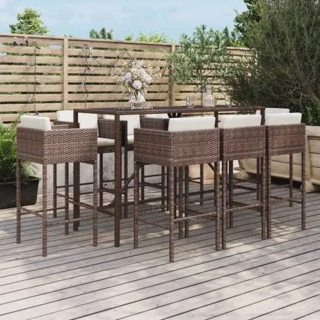 Gartentisch und Hochhocker 9-teilig und braune PE-Rattankissen von vidaXL, Gartensets - Ref: Foro24-3200650, Preis: 735,57 €,...