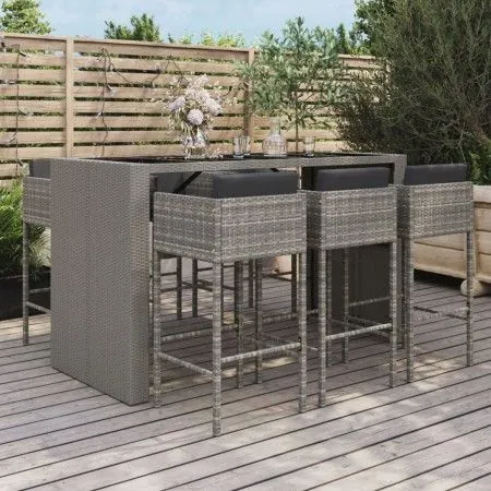 Garden table and high stools and cushions 7 pieces gray PE rattan by vidaXL, Garden sets - Ref: Foro24-3200665, Price: 642,72...
