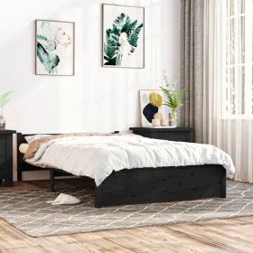 Black solid wood double bed frame 135x190 cm by vidaXL, Beds and slatted bases - Ref: Foro24-815023, Price: 119,15 €, Discoun...
