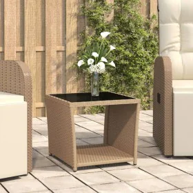 Beige synthetic rattan side table with tempered glass top by vidaXL, Garden tables - Ref: Foro24-319561, Price: 51,76 €, Disc...
