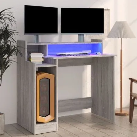 Schreibtisch mit LED in grauer Sonoma-Sperrholz 97x45x90 cm von vidaXL, Schreibtische - Ref: Foro24-820476, Preis: 73,46 €, R...