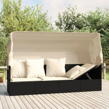 Garden lounger sofa with awning and black synthetic rattan cushions by vidaXL, Loungers - Ref: Foro24-319566, Price: 241,15 €...