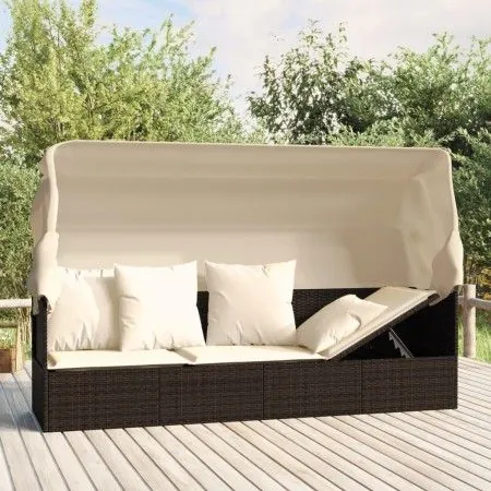 Garden lounger sofa with awning and brown synthetic rattan cushions by vidaXL, Loungers - Ref: Foro24-319567, Price: 255,72 €...
