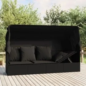 Garden lounger sofa with awning and black synthetic rattan cushions by vidaXL, Loungers - Ref: Foro24-319569, Price: 247,81 €...