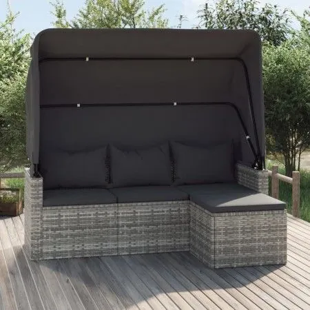 3-seater garden sofa with awning and gray synthetic rattan stool by vidaXL, Outdoor sofas - Ref: Foro24-362335, Price: 303,15...